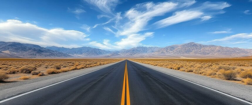 Empty straight highway cutting through golden desert toward distant mountains under a wide blue sky with wispy clouds, evoking freedom and solitude
