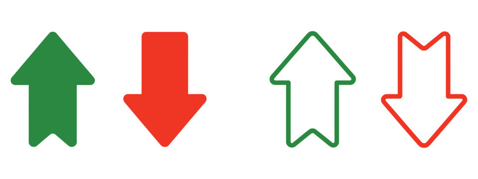 up and down arrow icon pack in green and red tones, minimal flat vector design representing growth and decline directions, suitable for finance dashboards, analytics interfaces, ranking systems