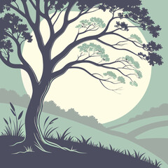 A tree stands alone on a hill with a large moon in the background © Badsha