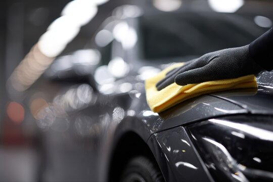 Car detailing service worker polishing luxury automobile body professional auto care garage concept