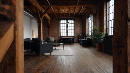 Fototapeta premium Spacious industrial loft interior with exposed brick walls wooden beams and modern furniture