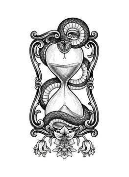 Vintage hourglass tattoo illustration with coiled snake, ornate baroque sandglass frame, gothic serpent and floral clock design for apparel