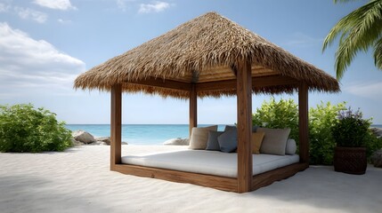 Obraz premium A comfortable daybed with cushions sits on a sandy beach under a thatched roof cabana overlooking the turquoise ocean