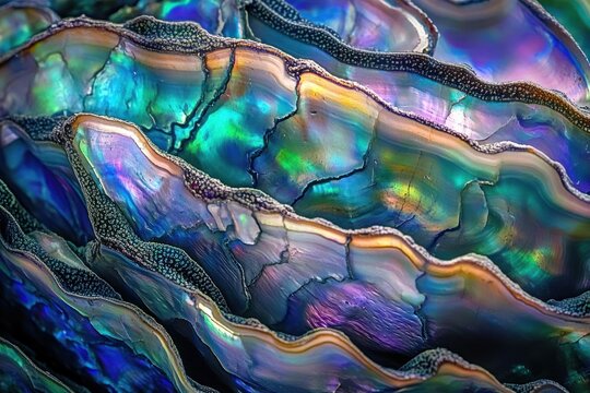 Mesmerizing close-up of iridescent abalone shell layers with wavy ridges, cracked nacre and shimmering blue, green and purple pearly hues