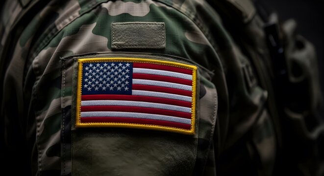 Soldier wearing american flag patch on uniform with tactical gear with us flag