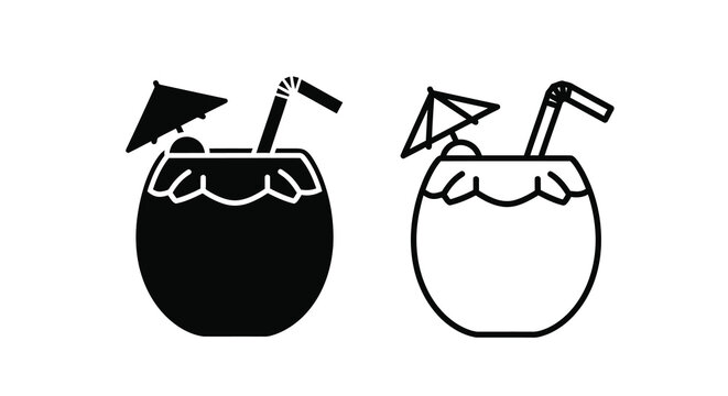 Two coconut drinks with umbrellas one solid one outline silhouette