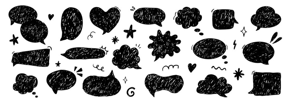 Crayon Speech Bubbles comic scribble talk balloon in sketch style, grunge texture pencil naive doodle conversation message icon