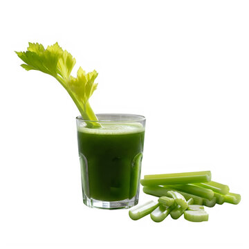 A glass of freshly squeezed green celery juice isolated on white background