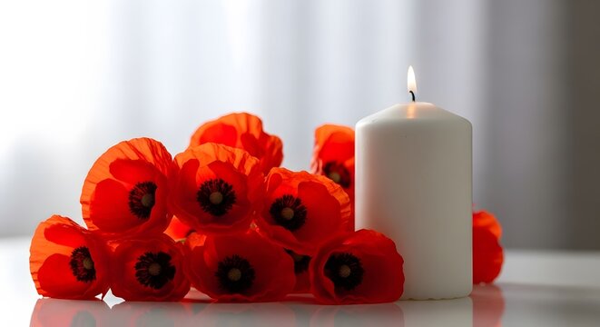 Remembrance poppies and lit candle with red poppy with still life
