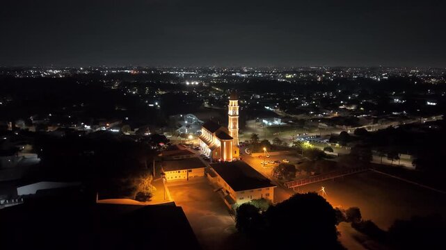 Night Aerial Orbit Church and City Lights Curitiba