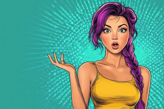 Confident woman with long purple braided hair in yellow tank top presenting with open palm against teal halftone burst comic background, colorful pop art portrait