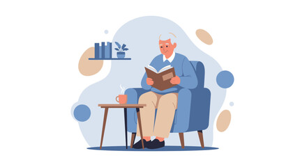 Fototapeta premium Elderly man reading a book in a comfortable armchair at home, enjoying leisure time