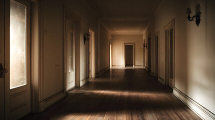 Fototapeta premium Elegant Hallway: A stately hallway bathed in soft light, showcasing architectural beauty with symmetry, leading the eye toward the inviting interior. 