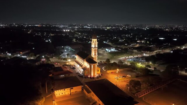 Aerial Night Drone Footage Church Curitiba Brazil
