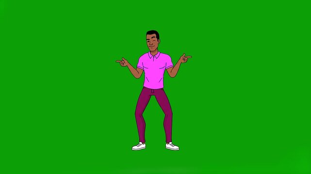 A 2D animated man wearing a pink polo shirt and purple pants performing a dance routine on a solid green background. This stylized character animation is perfect for lifestyle explainers, music videos