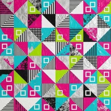Retro 80s geometric pattern, vibrant neon triangle mosaic background, colorful Memphis style abstract texture with stripes and squares