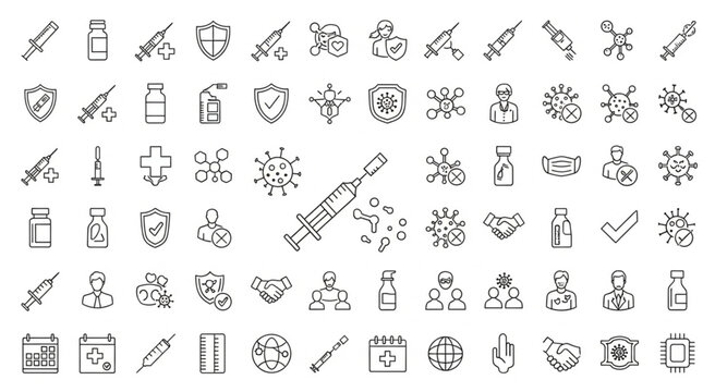 Collection of vaccine and medical icons representing healthcare and immunization.