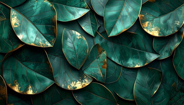 A layered composition of stylized leaves, primarily emerald green, featuring a lustrous, gilded effect on their edges and some surfaces