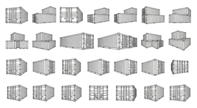 Multiple shipping containers in various perspectives, showcasing industrial transport and logistics.