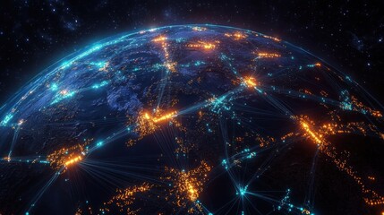 Obraz premium Glowing planet with interconnected city lights and luminous data lines, a dynamic futuristic sense of global connectivity and energy