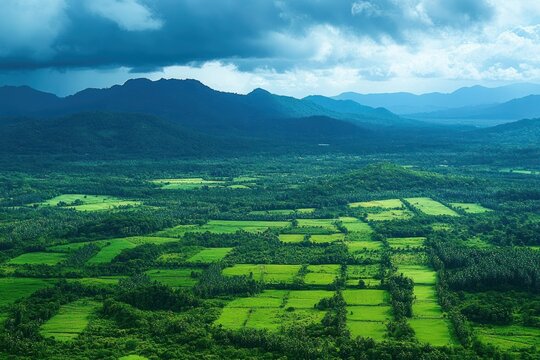 aerial view of green patchwork farmland and forests with distant blue mountains under dramatic cloudy sky, tranquil expansive rural landscape
