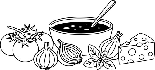 Line of Soup Ingredients Tomatoes Onions Basil Cheese and Spoon White Background © Md