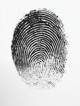 black ink fingerprint impression on white paper conveying mystery and identity