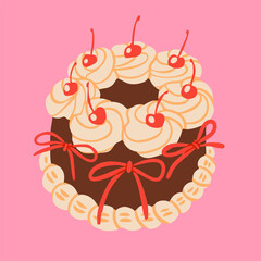 Chocolate Cake with cherry, cream, ribbon bows. Sweet tasty food. Hand drawn trendy Vector illustration. Isolated design element. Party, wedding, anniversary, celebration, birthday concept