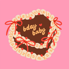 Chocolate Cake with delicious cream. Birthday baby text. Retro style. Sweet tasty food. Hand drawn trendy Vector illustration. Isolated design element. Party, celebration, happy birthday concept