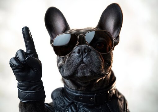 confident french bulldog in aviator sunglasses and black leather jacket wearing a leather glove and pointing upward with its paw, cool and assertive expression