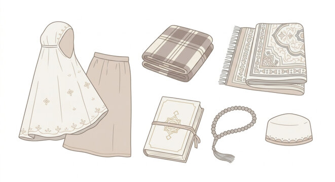 Islamic Prayer Equipment Set Vector Illustration, Mukena, Sarong, Sajadah, Prayer Beads, and Quran in Pastel Muted Colors Isolated on White Background
