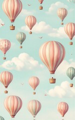 Fototapeta premium Pastel hot air balloons float among fluffy clouds and birds in a