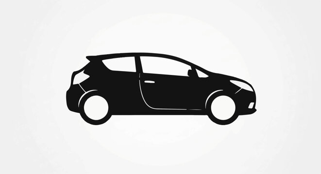 Silhouette of a sleek, modern hatchback car, depicted in solid black against a soft white background