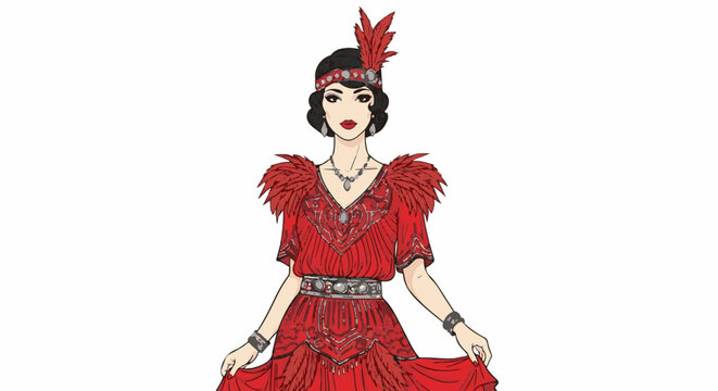 A flapper-style woman in a red, feathered dress, adorned with jewelry