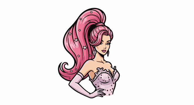 Stylized woman with voluminous pink hair and a sparkly dress poses confidently
