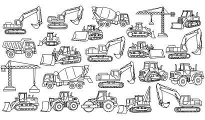 Naklejka premium Construction Machinery Outline Icon Set Excavator Bulldozer Dump Truck Vector