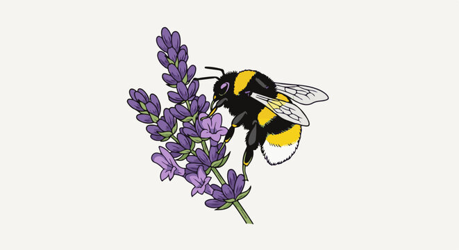 A bumblebee with yellow and black stripes collects nectar from a purple lavender blossom