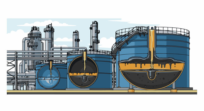 Industrial tanks with pipes and distillation columns, processing viscous liquid