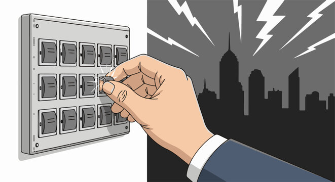 A hand flips switches on a panel, with a city skyline and lightning in the background