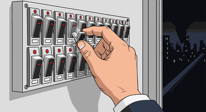 Close-up of a hand flipping a switch on a panel, overlooking a darkened city