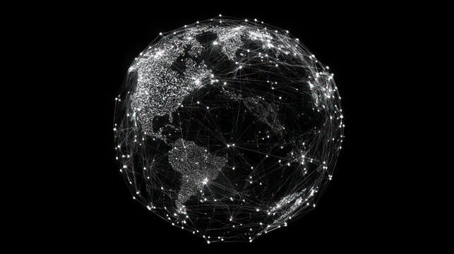 Abstract representation of the Earth, showing a network of interconnected points and lines. Global network, digital connections, and worldwide communication are visually depicted.
