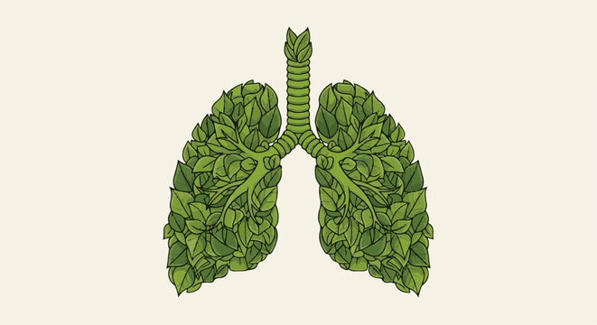 Artistic depiction of human lungs formed by lush green leaves and a central trachea