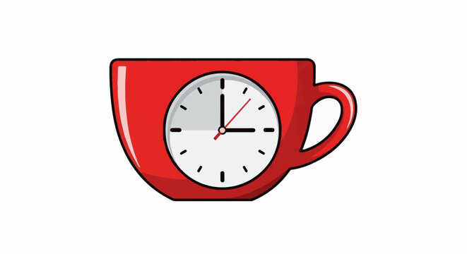 A red mug with a clock face integrated into its design, showing the time as 900