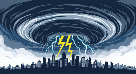 Fototapeta premium Pixelated storm swirls above a city skyline with lightning striking skyscrapers