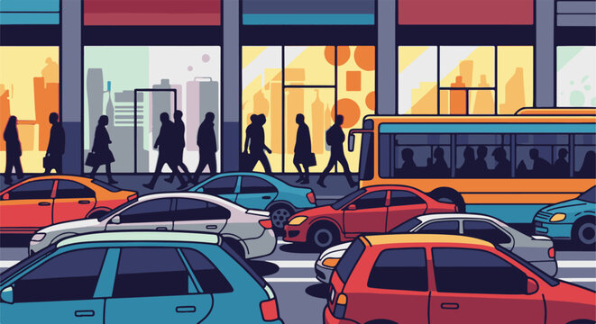 Busy city street scene with pedestrians, cars, and a bus
