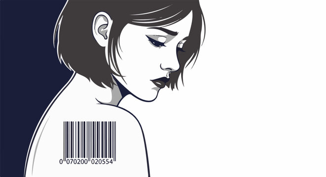 A woman's profile, head bowed, a barcode on her shoulder