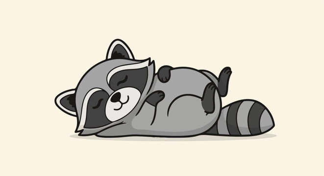 A cute, gray raccoon with black rings on its tail naps on its back with its paws up