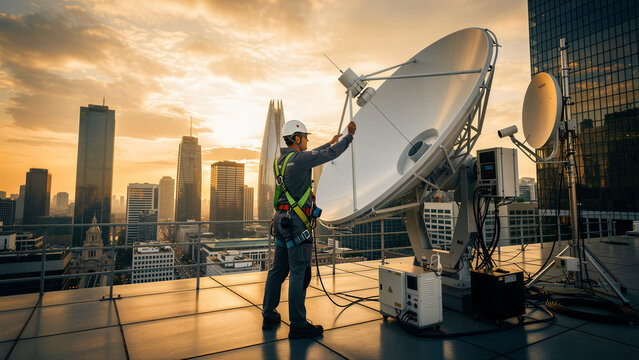 Skilled technician wearing a protective white helmet and harness adjusts a large satellite dish antenna while ensuring perfect signal alignment for modern telecommunications infrastructure with...