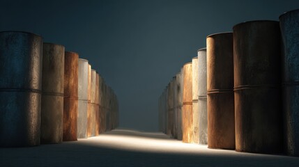 Obraz premium Oil barrels aligned in symmetrical rows, leading toward a bright spot, creating a sense of anticipation and mystery. The barrels display shades of rust and metal