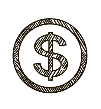 Dollar sign icon in sketch style. Symbol in simple design. Hand drawn illustration isolated on white background. Savings, finance, investments. Perfect for logo, various designs